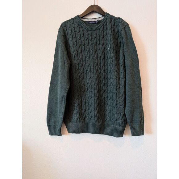 Vtg.  Nautica crewneck cable-knit dark green long sleeve sweater  Sz L - Picture 3 of 8